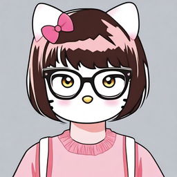 Create an image of Hello Kitty with short hair and bangs, wearing glasses