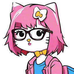 Create an image of Hello Kitty with short hair and bangs, wearing glasses