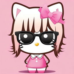 Create an image of Hello Kitty with short hair and bangs, wearing glasses