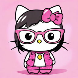 Create an image of Hello Kitty with short hair and bangs, wearing glasses