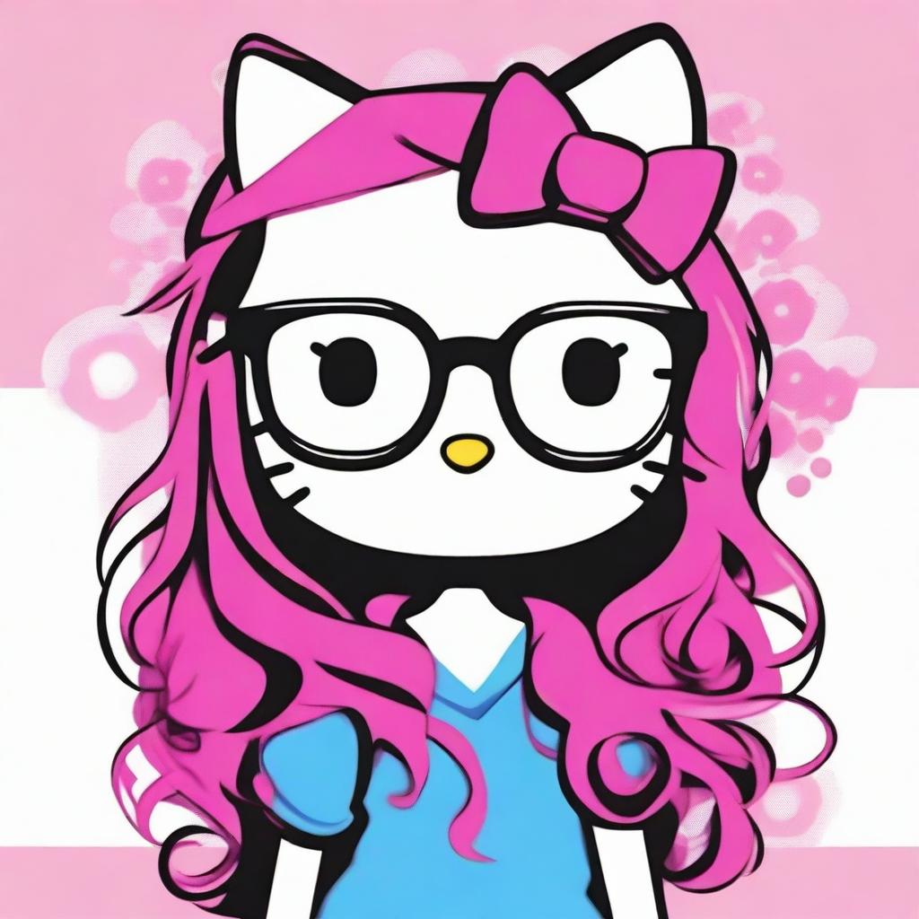 Create an image of Hello Kitty with long hair and glasses