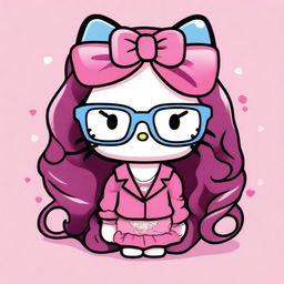 Create an image of Hello Kitty with long hair and glasses