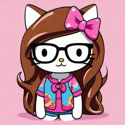 Create an image of Hello Kitty with long hair and glasses