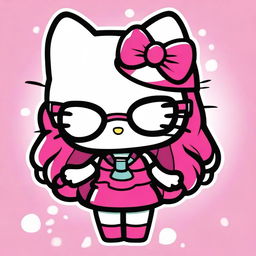 Create an image of Hello Kitty with long hair and glasses