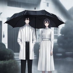 Three people standing with full body visible in the rain, in front of a luxury house