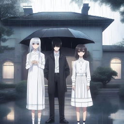 Three people standing with full body visible in the rain, in front of a luxury house