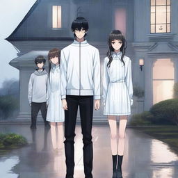 Three people standing with full body visible in the rain, in front of a luxury house