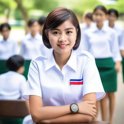 A Thai girl with short hair, wearing a traditional Thai student uniform