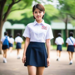 A Thai girl with short hair, wearing a traditional Thai student uniform