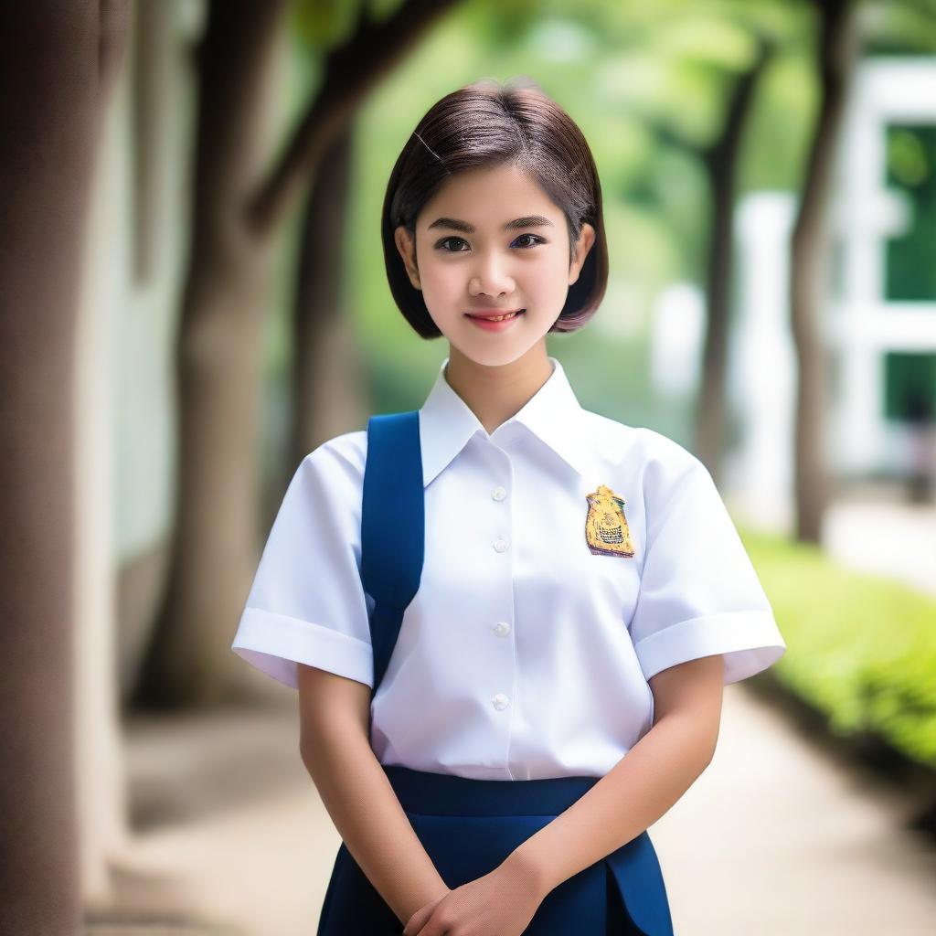 A Thai girl with short hair, wearing a traditional Thai student uniform