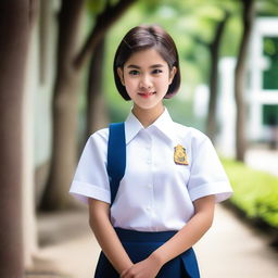 A Thai girl with short hair, wearing a traditional Thai student uniform