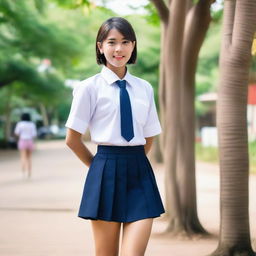 A Thai girl with short hair, wearing a traditional Thai student uniform