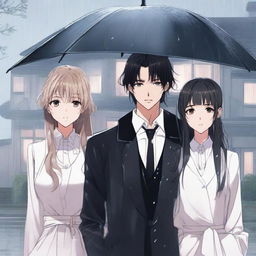 Three people standing together in the rain with a luxurious house in the background