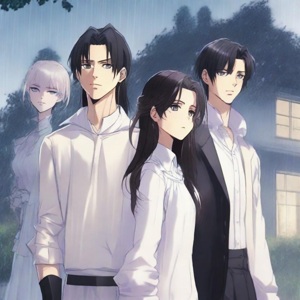 Three people standing together in the rain with a luxurious house in the background