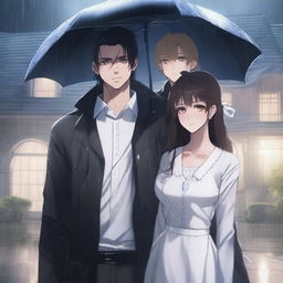 Three people standing together in the rain with a luxurious house in the background