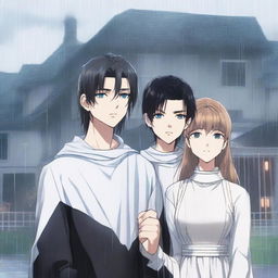 Three people standing together in the rain with a luxurious house in the background