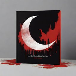 Create a book cover featuring a crescent moon with a bloody appearance