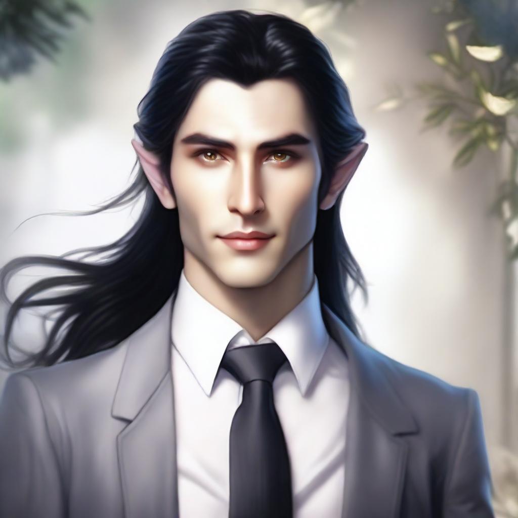 A beautiful male elf with long black hair and feminine facial features, wearing an elegant suit and tie