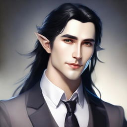 A beautiful male elf with long black hair and feminine facial features, wearing an elegant suit and tie