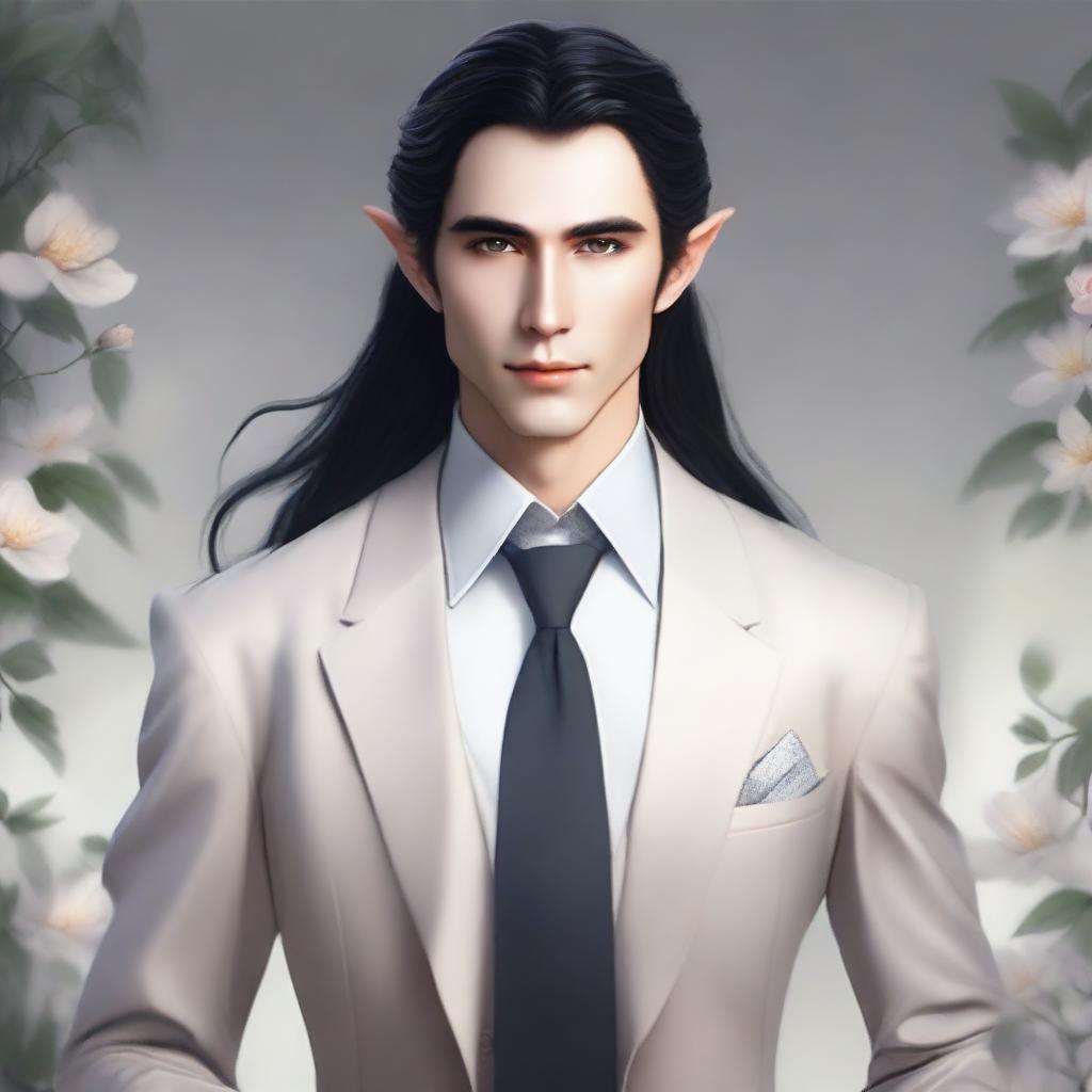 A beautiful male elf with long black hair and feminine facial features, wearing an elegant suit and tie