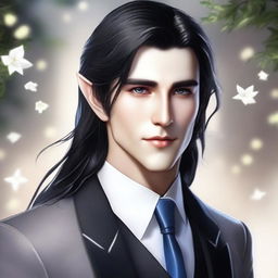 A beautiful male elf with long black hair and feminine facial features, wearing an elegant suit and tie