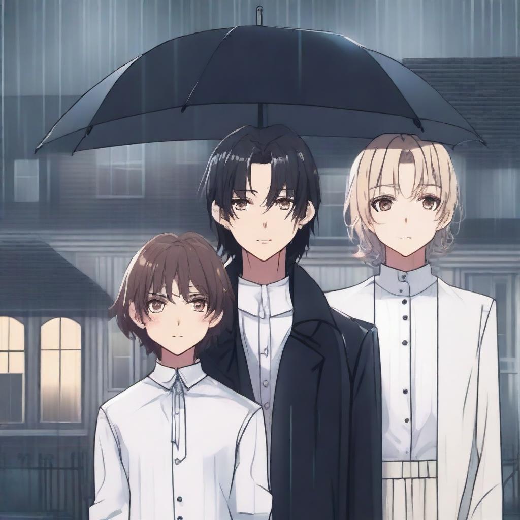 Three people standing in the rain with a luxurious house in the background