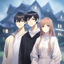 Three people standing in the rain with a luxurious house in the background