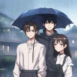 Three people standing in the rain with a luxurious house in the background