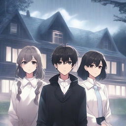 Three people standing in the rain with a luxurious house in the background