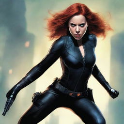 A detailed illustration of Natasha Romanoff in her iconic Black Widow suit, standing in a dynamic pose ready for action