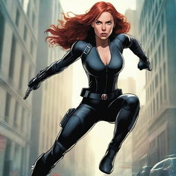 A detailed illustration of Natasha Romanoff in her iconic Black Widow suit, standing in a dynamic pose ready for action