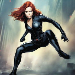 A detailed illustration of Natasha Romanoff in her iconic Black Widow suit, standing in a dynamic pose ready for action