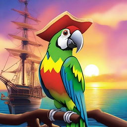 A colorful aracocka pirate parrot with vibrant feathers, wearing a pirate hat and an eye patch