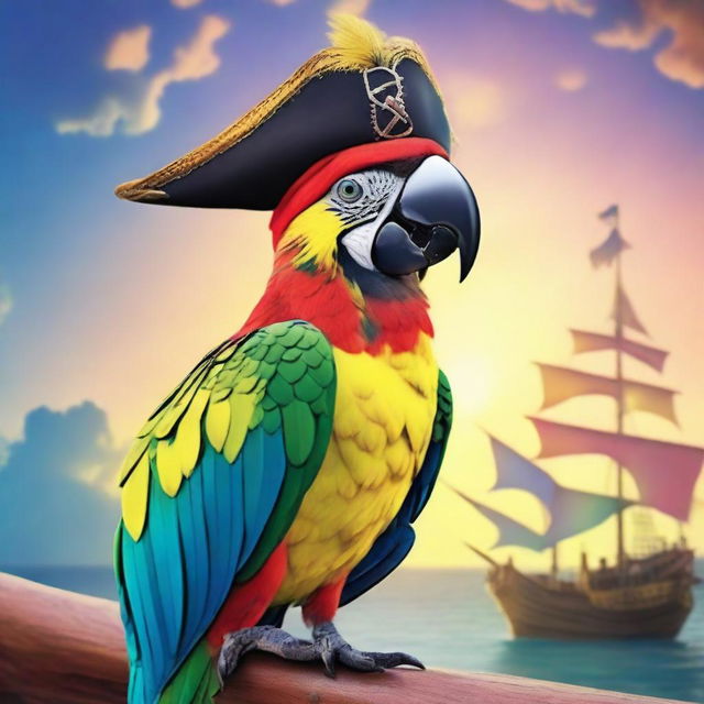 A colorful aracocka pirate parrot with vibrant feathers, wearing a pirate hat and an eye patch