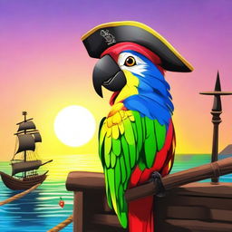 A colorful aracocka pirate parrot with vibrant feathers, wearing a pirate hat and an eye patch