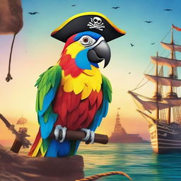 A colorful aracocka pirate parrot with vibrant feathers, wearing a pirate hat and an eye patch