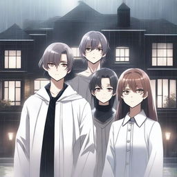 Three people standing in the rain in front of a luxurious house