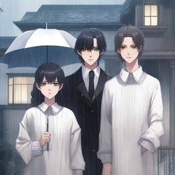 Three people standing in the rain in front of a luxurious house