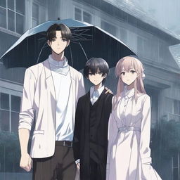 Three people standing in the rain in front of a luxurious house