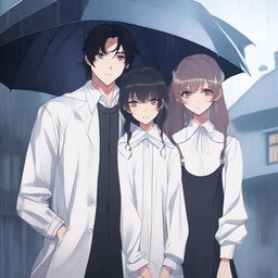 Three people standing in the rain in front of a luxurious house