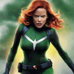 A vivid illustration of Natasha Romanoff in her Black Widow suit, struggling as she coughs and gags, surrounded by a thick, swirling cloud of green and yellow poisonous gas