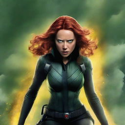 A vivid illustration of Natasha Romanoff in her Black Widow suit, struggling as she coughs and gags, surrounded by a thick, swirling cloud of green and yellow poisonous gas