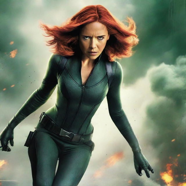 A vivid illustration of Natasha Romanoff in her Black Widow suit, struggling as she coughs and gags, surrounded by a thick, swirling cloud of green and yellow poisonous gas