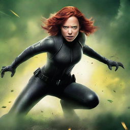 A vivid illustration of Natasha Romanoff in her Black Widow suit, struggling as she coughs and gags, surrounded by a thick, swirling cloud of green and yellow poisonous gas