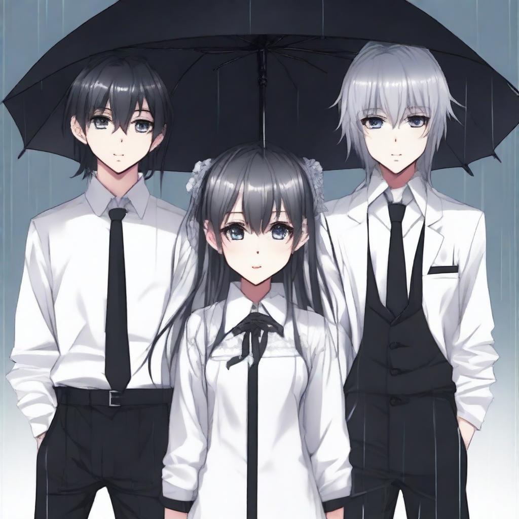 Three people standing with full body appearance in the rain