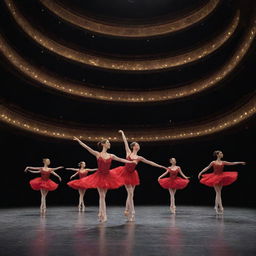 A captivating dance performance happening on a grand theatre stage, with dancers gracefully capturing the audience's attention