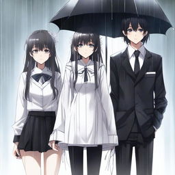 Three people standing with full body appearance in the rain