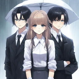 Three people standing with full body appearance in the rain