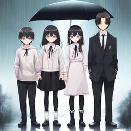 Three people standing with full body appearance in the rain: a woman and two boys