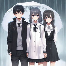 Three people standing with full body appearance in the rain: a woman and two boys